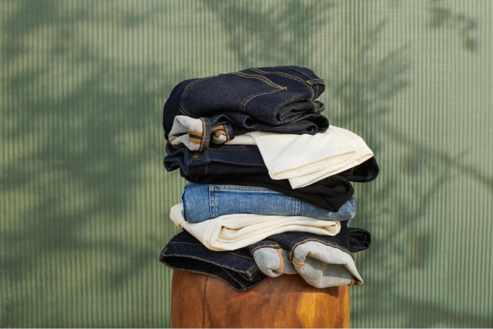 A stack of folded clothes against a green background. 